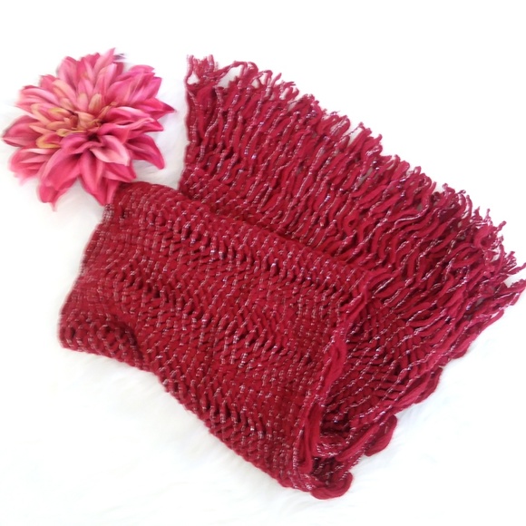 Warm Cozy Burgundy Shimmer Fringed Infinity Scarf - Picture 3 of 6